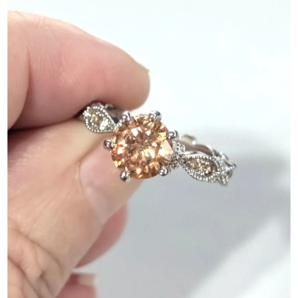 Amber Glass Round Rhinestone Silver Tone Ring Size‎ 7 Ornate R-TN20